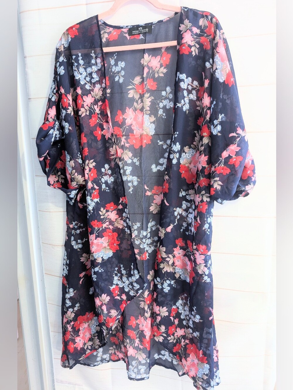 Nwot Western Standard Navy Blue Sheer Floral Kimono with Red and Pink Blooms OS